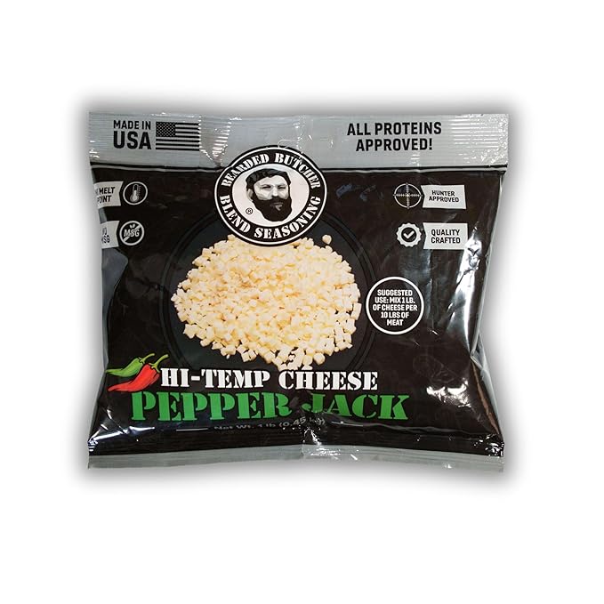 Bearded Butchers High-Temp Pepper Jack Cheese 1 lbs ??Shelf-Stable 1/4" Cubes for Up to 10 lbs of Meat, 400°F High-Temperature Cheese ??Ideal for Sausage Making, Brats, Snack Sticks, Burgers, and More