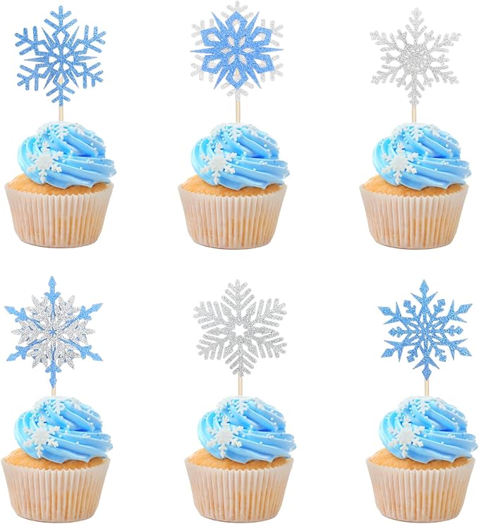 24 Pcs Silver Blue Ice Cupcake Toppers Glitter Snowflake Cupcake Toppers Winter Wonderland Cake Decorations for Princess Happy Birthday Baby Shower Party Supplies