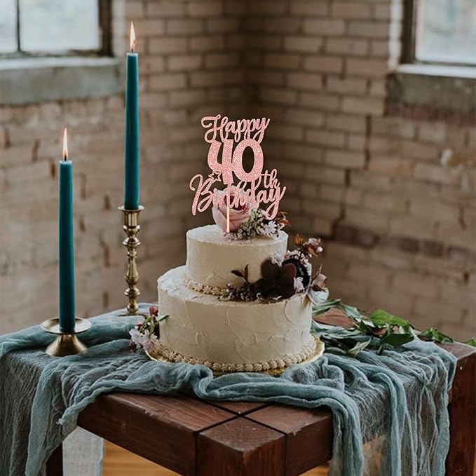 1 PCS Happy 40th Birthday Cake Topper Glitter Cheers to 40 Years Birthday Cake Pick Forty Hello 40 Fabulous Cake Decoration for Happy 40th Birthday Anniversary Party Decorations Rose Gold