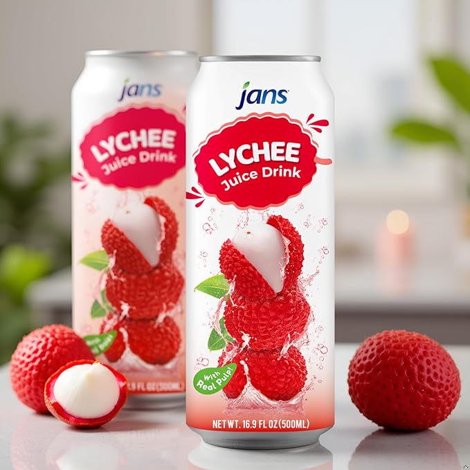 Jans Tropical Lychee Juice Drink with 100% Real Lychee Jelly (12-Pack,16.9 Fl Oz Canned) - Superior Hydration & Delicious Cold Beverage for the Hot Summer
