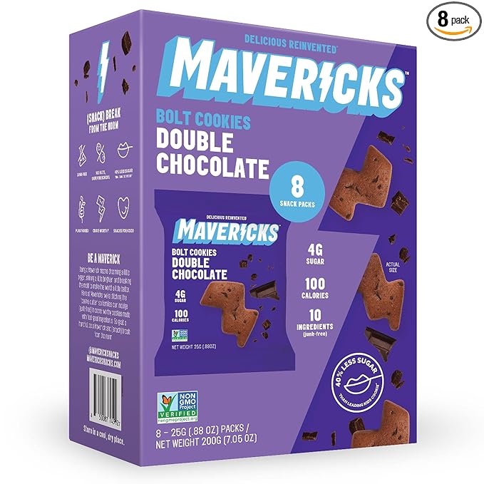 Mavericks Double Chocolate Bolt Cookies - Healthy Chocolate Chip Cookies, Plant-Based Snack for Kids, Nut Free, 40% Less Sugar - Back to School - 1 Box (8 Snack Packs)