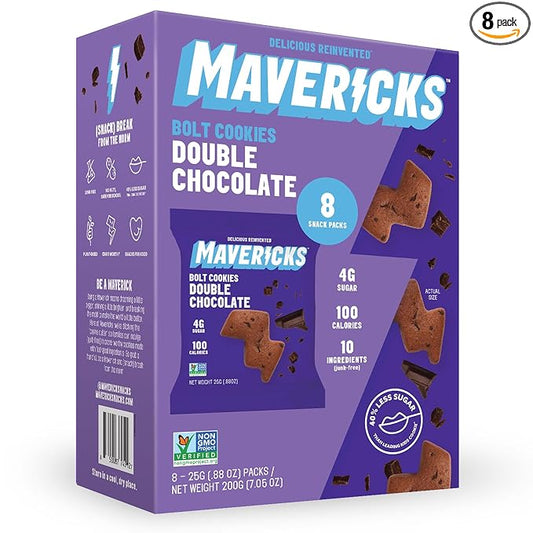 Mavericks Double Chocolate Bolt Cookies - Healthy Chocolate Chip Cookies, Plant-Based Snack for Kids, Nut Free, 40% Less Sugar - Back to School - 1 Box (8 Snack Packs)