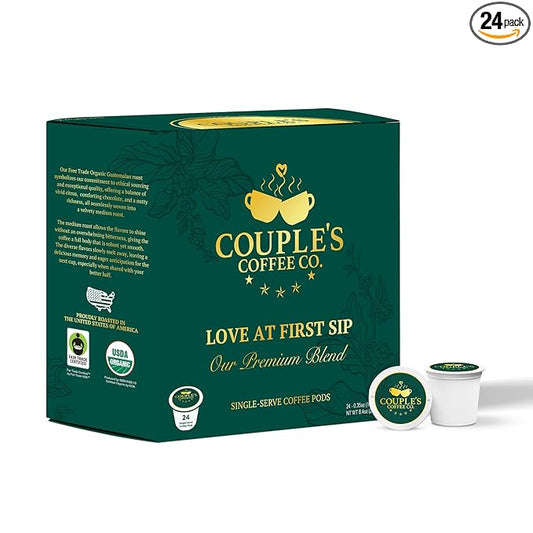 Couple's Coffee Premium K-Cups | Gives Back to Military Families | Organic Guatemalan Blend | Fair Trade Organic Medium-Dark Roast Coffee | Compatible with Single Serve Brewers | Love at First Sip | 24 Count