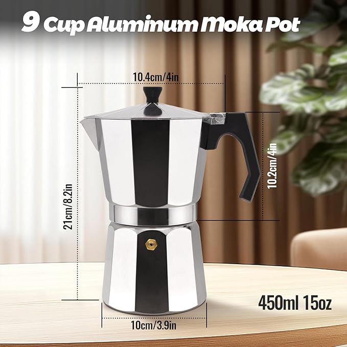 9 Cup Aluminum Moka Pot Classic Stovetop Espresso Coffee Maker 450ml 15oz Coffeemaker Percolator Mocha Pot Greca Coffee Maker Cafe Makers for Italian and Cuban Cafì±?Brewing Silver