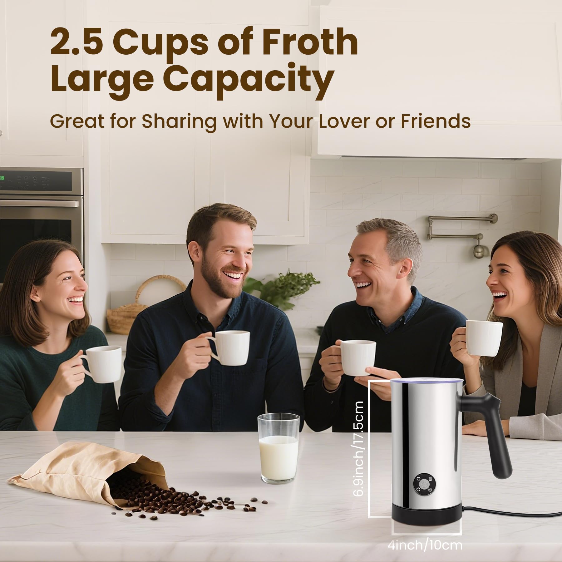 Casimhu Electric Milk Frother 4-in-1 Foam Maker, Hot Cold Foam, 10.6 oz