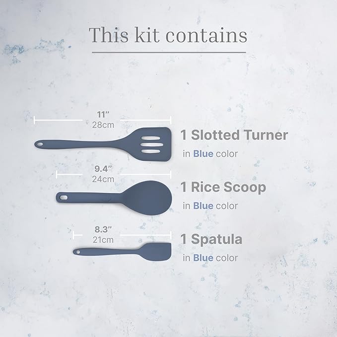 Silicone Utensils 3-Piece Set ??Rubber Spatula, Slotted Turner, and Rice Paddle ??Complete Heat-Resistant Set for Non-Stick Cookware ??Kitchen Tools and Accessories for Cooking & Baking ??Blue