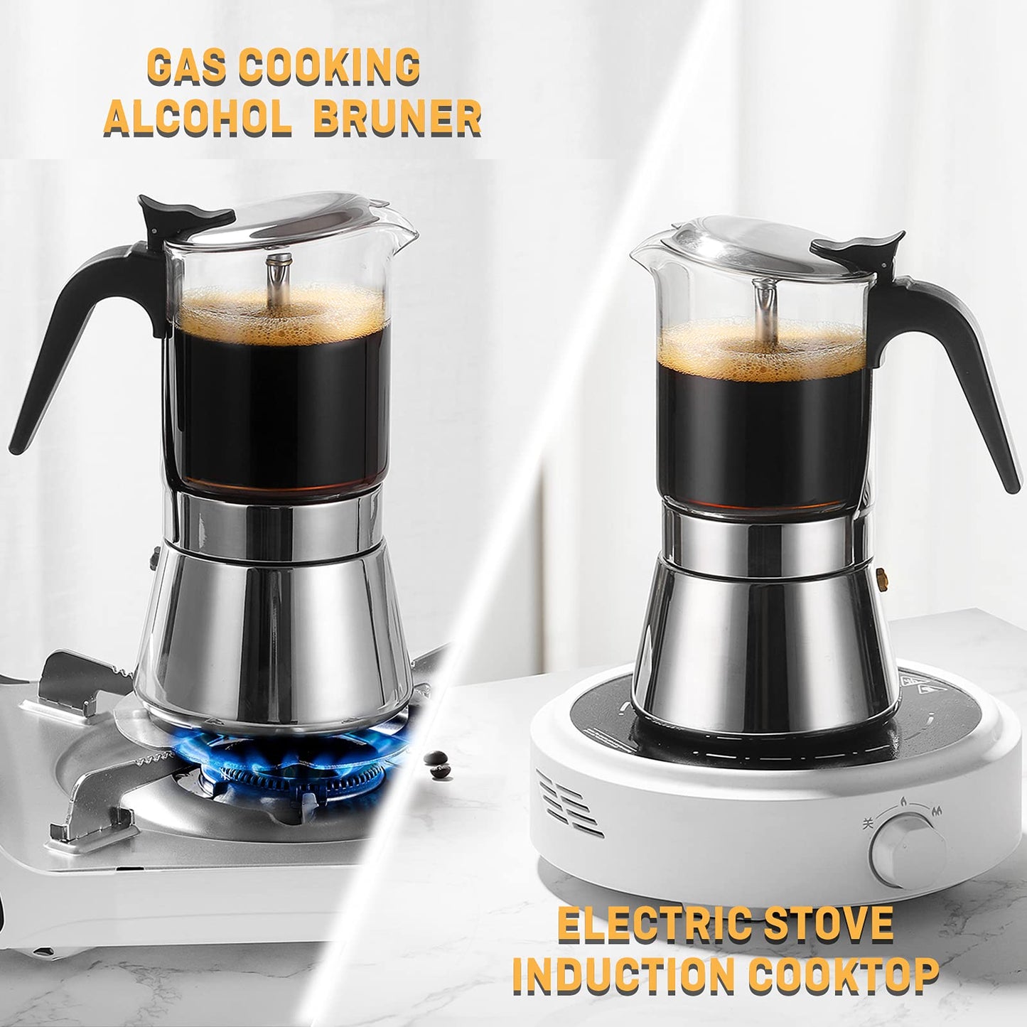 SIXAQUAE Induction Moka Pot, Crystal Glass-top & Stainless Steel Stovetop Espresso Maker,Classic