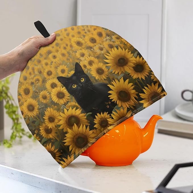 Sunflowers Cat Tea Cozy for Teapot Dome Teapot Cover Customized Teapot Covers Cozy for Teapot with Handle Dust Cover Can Hung and Folded Kitchen Kettle Dust Cover 竊늀range竊?"<div>