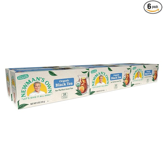 Newman's Own Organic Black Tea Boosts Immunity and Promotes Overall Wellbeing Strong Robust Unsweetened Black Tea with 22 Individually Wrapped Family Sized Tea Bags Per Box (Pack of 6) USDA Certified Contains Caffeine Brew Hot/Cold