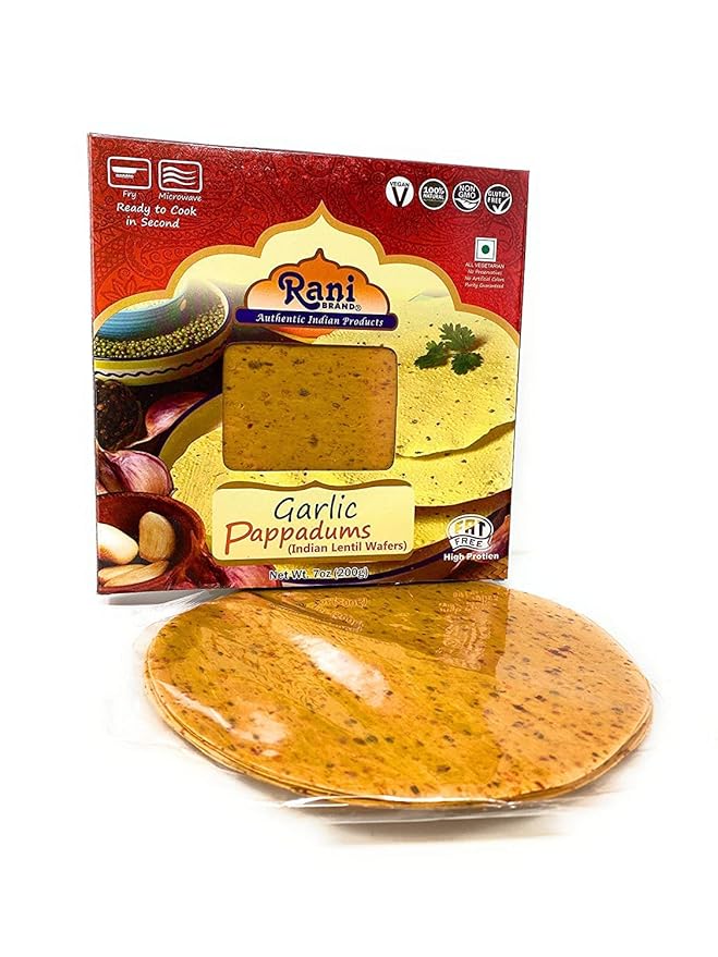 Rani Pappadums (Indian Lentil Wafer Snack) Garlic Papad 7oz (200g) Approximately 15pc, 7 inches, Pack of 2 ~ All Natural | Gluten Friendly | NON-GMO | Vegan | Indian Origin