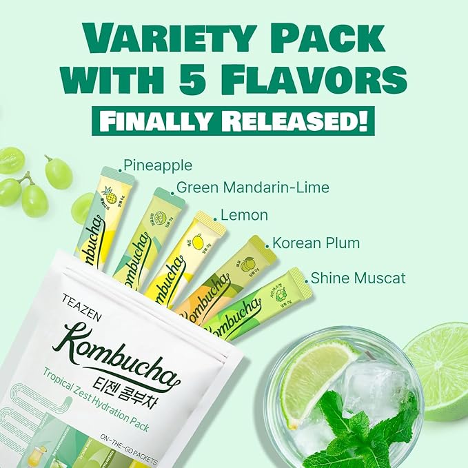 TEAZEN Kombucha Variety Pack 40 Stick & Energy Tea Boost Powder 10Stick