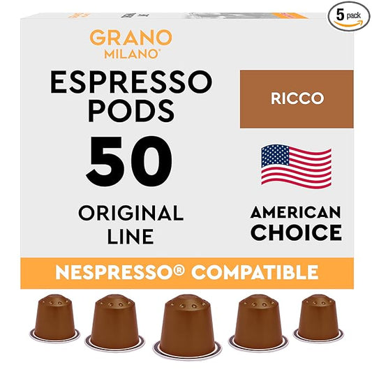 Grano Milano Ricco Coffee Capsules - 50 Aluminum Coffee Pods Compatible with Nespresso Original line, Dark Roast - Intensity 11/12, Made in Italy
