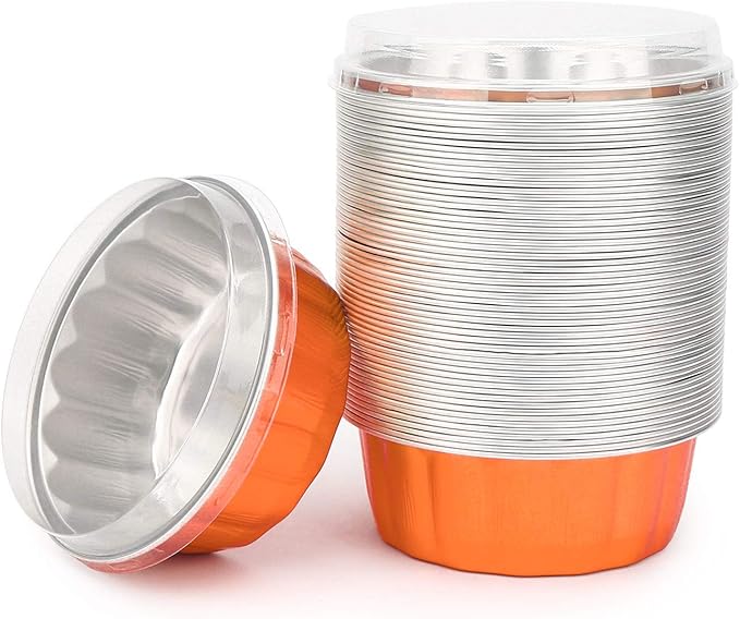 Beasea Disposable Ramekins for Baking, 8 oz 50 Pack Aluminum Foil Cups with Lids, Disposable Creme Brulee Muffin Cupcake Baking Cup Mini Pudding Cups for Party Wedding Birthday - Orange