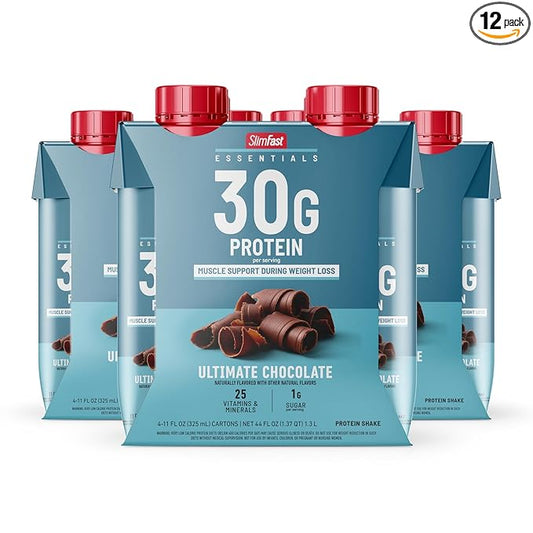SlimFast Essentials 30g Protein Shake Chocolate, Protein Shakes Ready to Drink, Muscle Support, 1g Sugar, 25 Vitamins and Minerals, 3g Net Carbs, Ultimate Chocolate, 12 Count