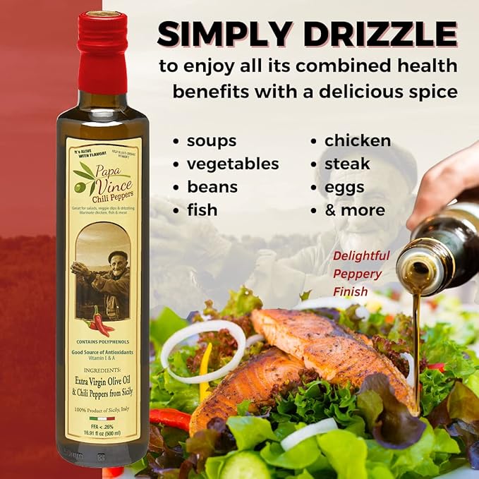 Papa Vince Olive Oil Extra Virgin - First Cold Pressed, Polyphenol Rich Olive Oil (EVOO). Chili Pepper Agrumato, Unfiltered, Single Sourced, Glass Bottle, Family made, Sicily, Italy
