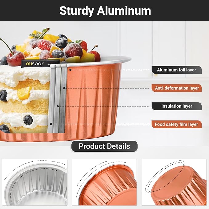 EUSOAR Cupcake Liners, 30pcs 5oz Aluminum Foil Loaf Pan with Lids Dessert Containers, Mini Disposable Dessert Cups Custard Flan Molds Muffin Liners Baking Creme Brulee Ramekins for Oven Baking-Orange