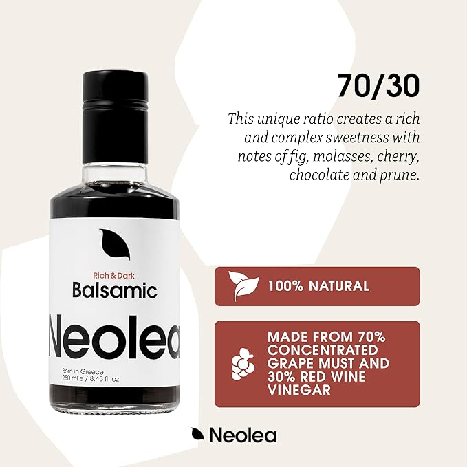 Neolea Dark Balsamic Vinegar from Greece - Made from 70% Grape Must & Red Wine Vinegar Aged in French Oak Barrels- Dressing for Salad, Cooking, Food, Cheese & Meal - 8.45 fl oz / 250 ml