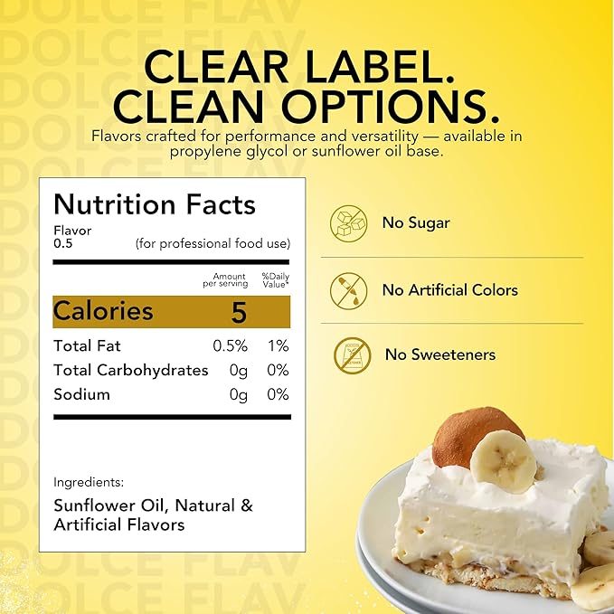 Dolce Flav Banana Extract ??2 Ounce Oil-Soluble Kosher, Sugar-Free, Concentrated Ripe Banana Flavoring for Baking, Smoothies & Ice Cream, Includes Measured Dropper