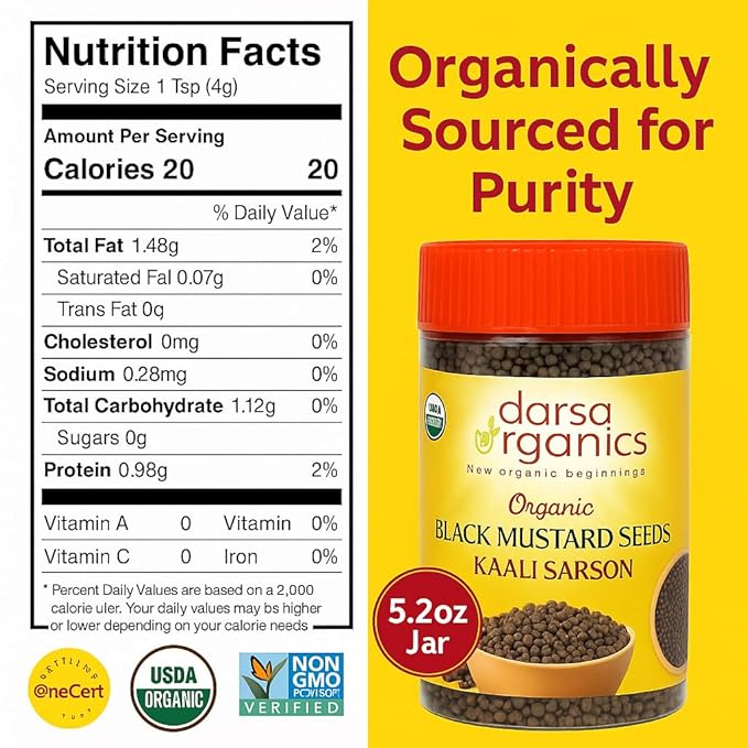 Darsa Organics Black Mustard Seeds 5.3 oz - Premium Quality USDA Organic Certified Black Mustard Seeds for Pickles, Curries, & Spice Blends, Non-GMO, Gluten-Free, Kosher packed in a BPA Free Jar