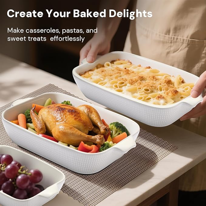 Bakeware Casserole Oven Dishes Baking - 3pcs Ceramic Rectangular Oven Serving Sets,ï¼?0.3/12.4/14.7）Stoneware Cookware Pan, Porcelain White Thanksgiving Ware for Cooking Lasagna