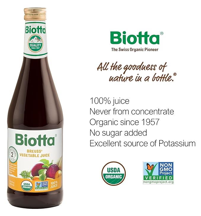 Biotta Organic Breuss Vegetable Juice - 100% Vegetable Juice for Energy, Immunity & Wellness - Excellent Source of Nutrients - All Natural, Non-GMO, Gluten-Free (16.9 Fl Oz, Pack of 6)