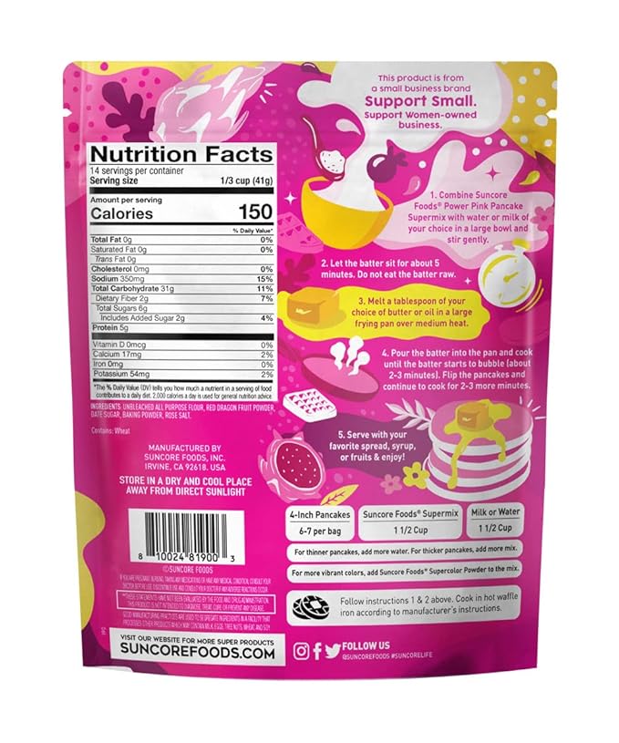 Suncore Foods Power Pink Pitaya Pancake & Waffle Mix, Non-GMO, 20oz (1 Pack)