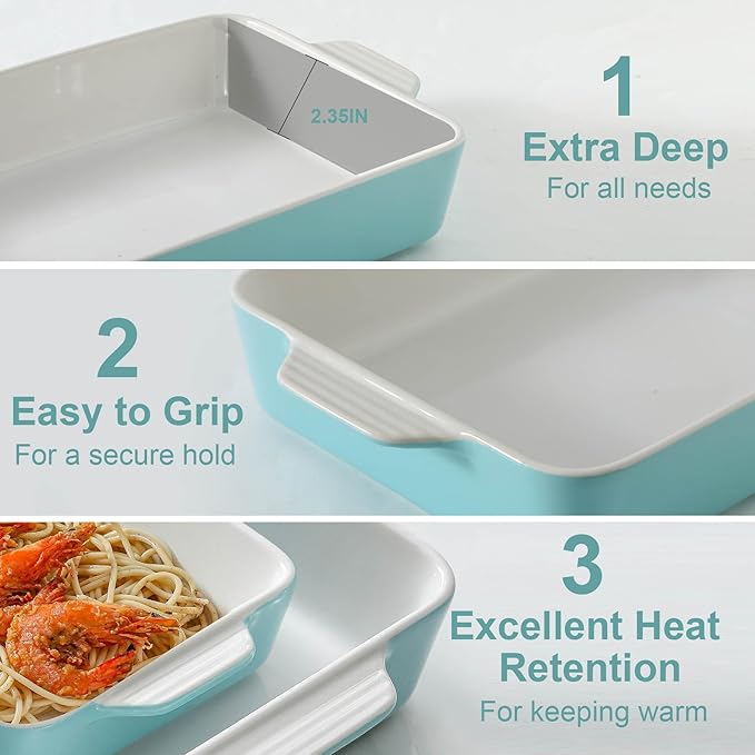 Ceramic Baking Casserole Dish with Handles, Large 9x13 inch Pan and Middle Baking Pan - Porcelain Serving Bakeware Set (Light Blue)