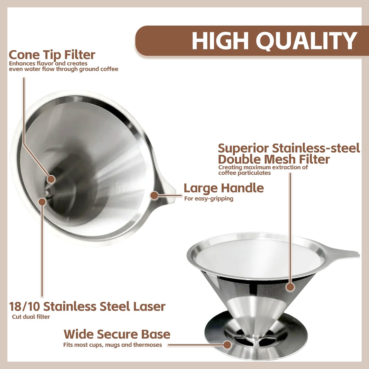 Pour Over Coffee Dripper Stainless Steel Coffee Filter Metal Cone Filter Extra Fine Wire Mesh