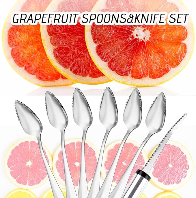 WXJ13 7 PCS Grapefruit Spoons and Grapefruit Knife, Stainless Steel Grapefruit Dessert Spoon Serrated Grapefruit Utensils Tools for Citrus Fruits Kiwi Lemon Desserts Salads