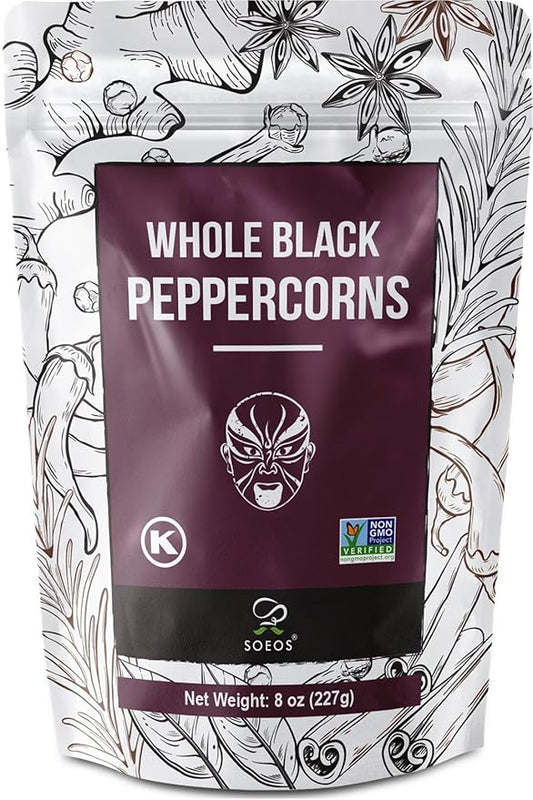 Soeos Black Peppercorns, 8oz (Pack of 1), Non-GMO, Kosher, Packed to Keep Peppers Fresh, Peppercorn for Grinder Refill, Whole Peppercorns