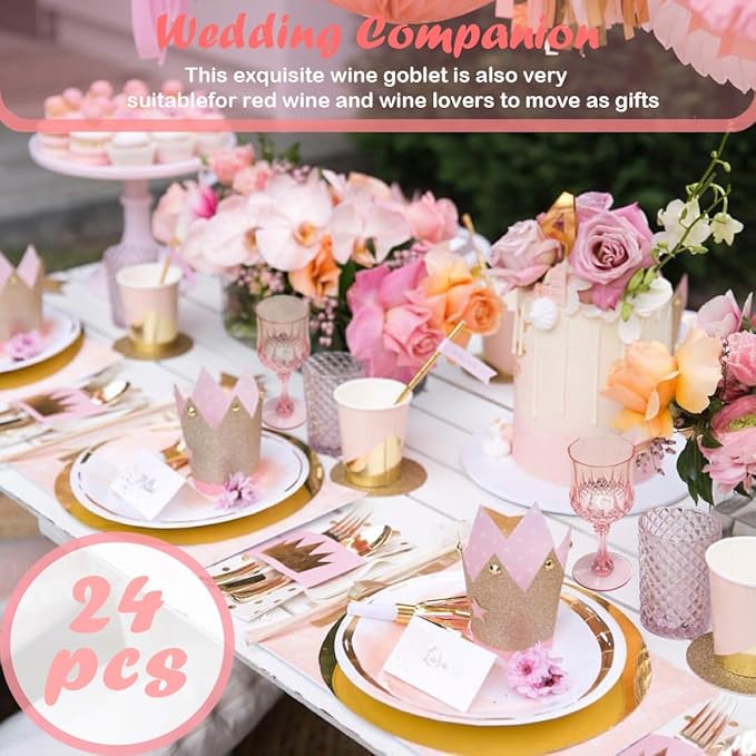 12 PCS Pink Plastic Wine Glasses,Reusable Plastic Wine Glasses,Pink Goblet Glass,Durable and Sturdy Cups Can Be Used for Various Parties Such as Weddings!