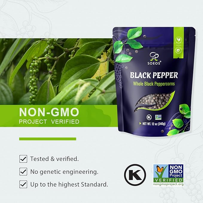 Soeos Black Peppercorns, 12oz (Pack of 1), Whole Black Pepper, Non-GMO, Kosher, Freshly Peppercorn Bulk, Packed to Keep Peppers Fresh, Ready to Use Corns for Grinder Refill