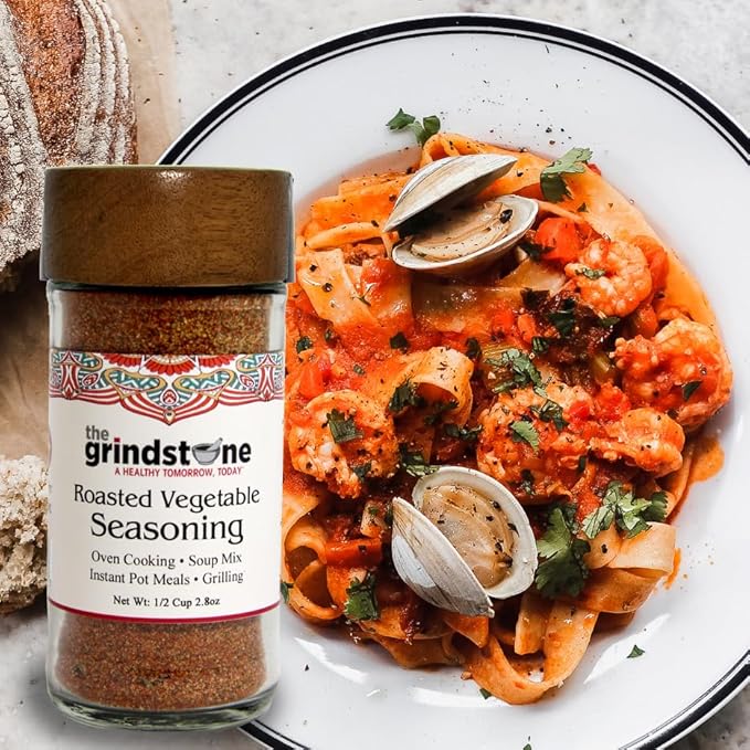 The Grindstone, Roasted vegetable seasoning and spice mix, Hand blended rubs and spices for roasting, baking, bbq, 2.8 oz. Glass Jar with Sifter, Pack of 2