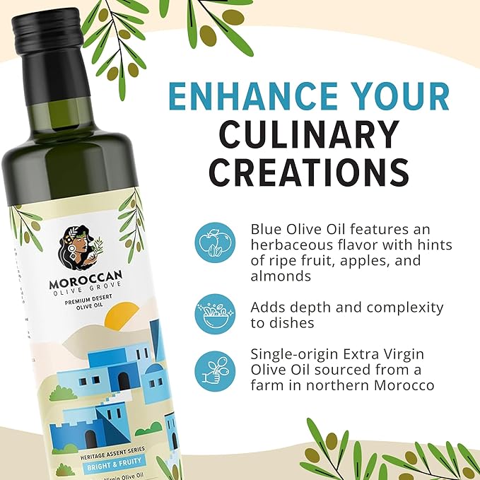 MOROCCAN OLIVE GROVE - The Blue Olive Oil, Bright & Fruity Desert Olive Oil Extra Virgin, Versatile Cooking Essential, Single-Origin Extra Virgin Olive Oil Cold Pressed, 2-Pack, 500 ml per Bottle