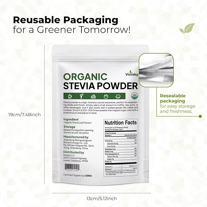 Viccoky Organic Stevia Powder 3oz (86g), Pure Stevia Extract Powder, Sugar-Free & 0 Calories, No