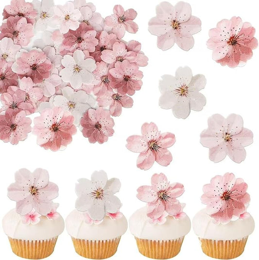 50 Pack Edible Cherry Blossom Cupcake Toppers Cherry Flowers Cake Toppers Rice Paper Wafer Paper Cake Picks for Cherry Blossom Bridal Shower Baby Shower Kids Birthday Cake Decorations