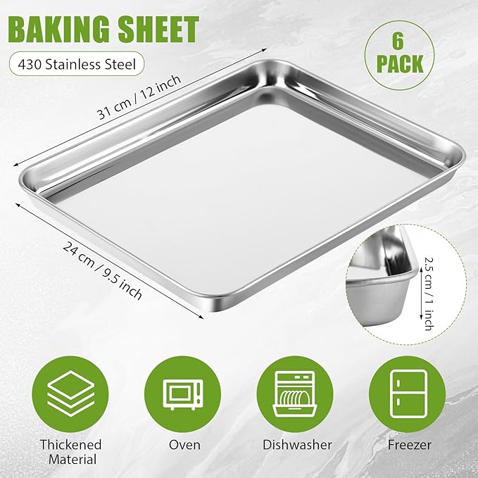 6 Pcs Baking Sheet Set Stainless Steel Cookie Sheet Cookie Baking Pan Bakeware Oven Tray Dishwasher Safe Commercial Grade Pans(12x9.5x1 Inch)
