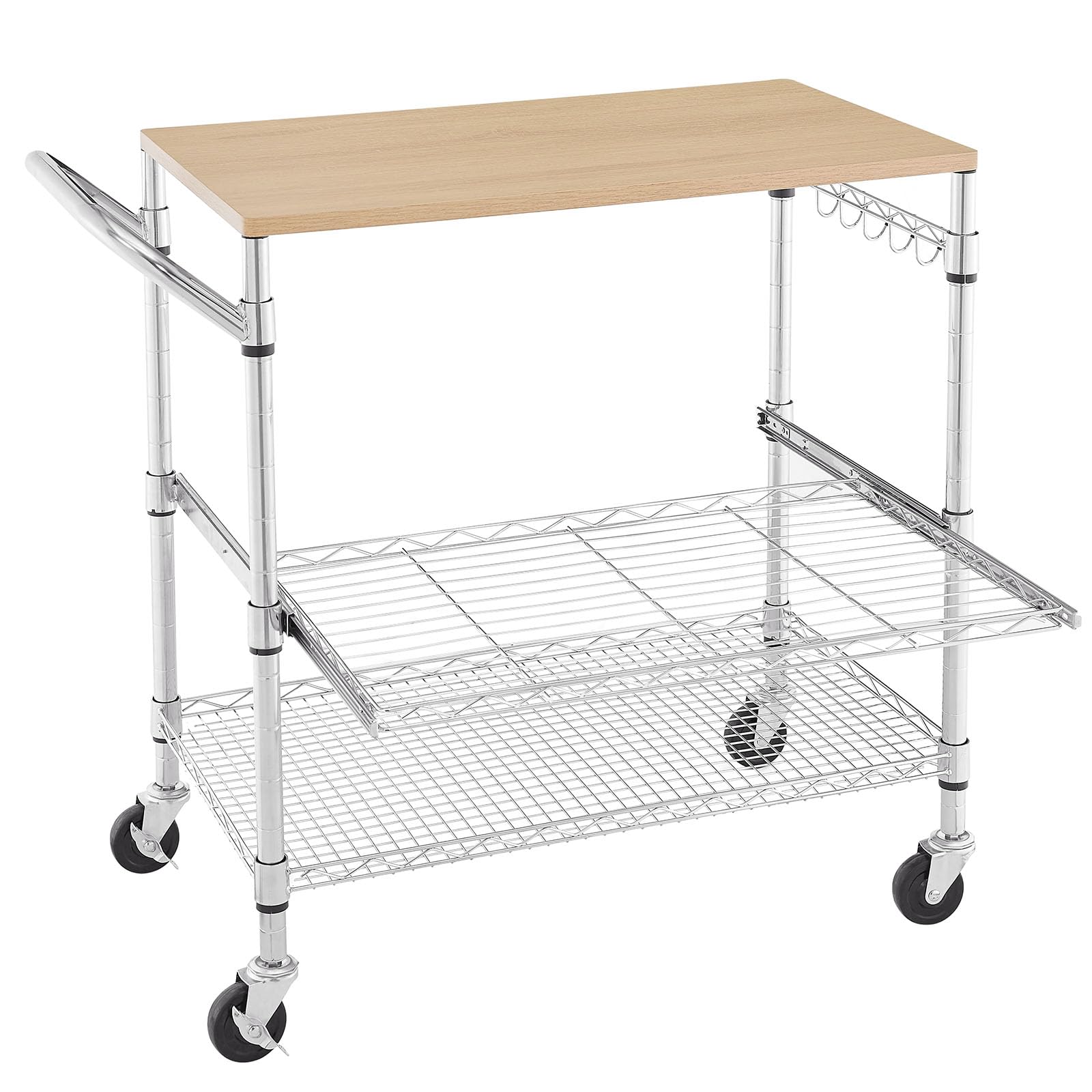 3 Tier Rolling Kitchen Cart with Wood Tabletop, Kitchen Island Carts with Wheels & Slider Shelf