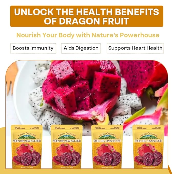 Liberty Orchard Organic Dried Red Dragon Fruit with fiber- Ideal for Recipes or a Nutritious fruit for Busy Lifestyle- Nutrient-Rich Dried Fruit with Vitamin C, Antioxidants & Fiber- 4 Pack