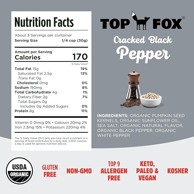 Top Fox Snacks - Organic Pop-Roasted Pumpkin Seeds | Healthy Protein Snacks - Gluten Free - Keto and Vegan Friendly (Salt & Pepper, 3.5 oz - 2 Pack)