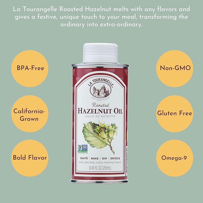 La Tourangelle, Roasted Hazelnut Oil, High-Oleic Oil Great for Baking, Stir-Frying, and Vinaigrettes, 8.45 fl oz