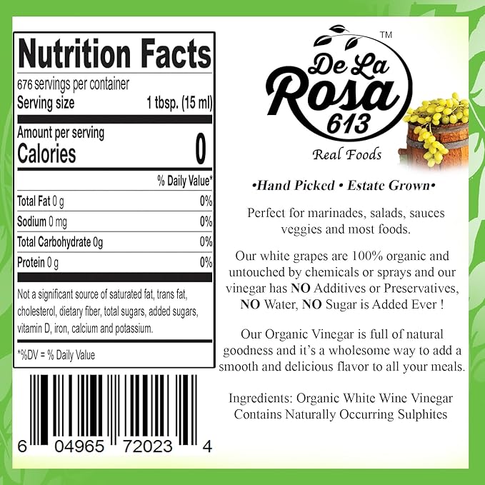 De La Rosa Organic White Wine Vinegar, Raw & Unfiltered, with the “Mother”, Kosher for Passover, Vegan, Non-GMO & Gluten Free, Great for Salad Dressings, Marinades & More 10 Liters (Pack of 1)