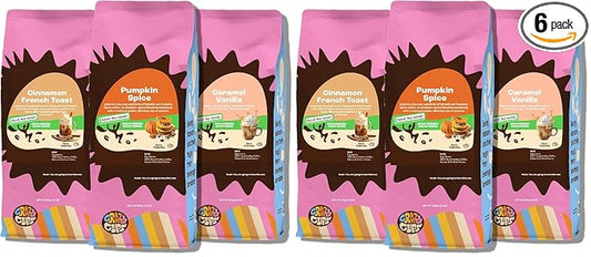 Crazy Cups Decaf Flavored Ground Coffee Variety Pack, Includes Cinnamon French Toast, Caramel Vanilla, Pumpkin Caramel Spice, 6 x 10 oz Bags, Medium Roast, 6 Each, 60 oz