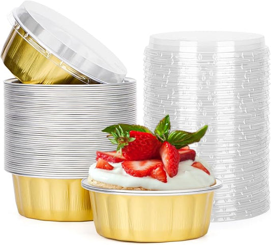 Beasea Disposable Ramekins with Lids, 8 oz 50 Pack Golden Aluminum Foil Cups Disposable Creme Brulee Muffin Cupcake Baking Cup Mini Pudding Cups for Party Wedding Birthday