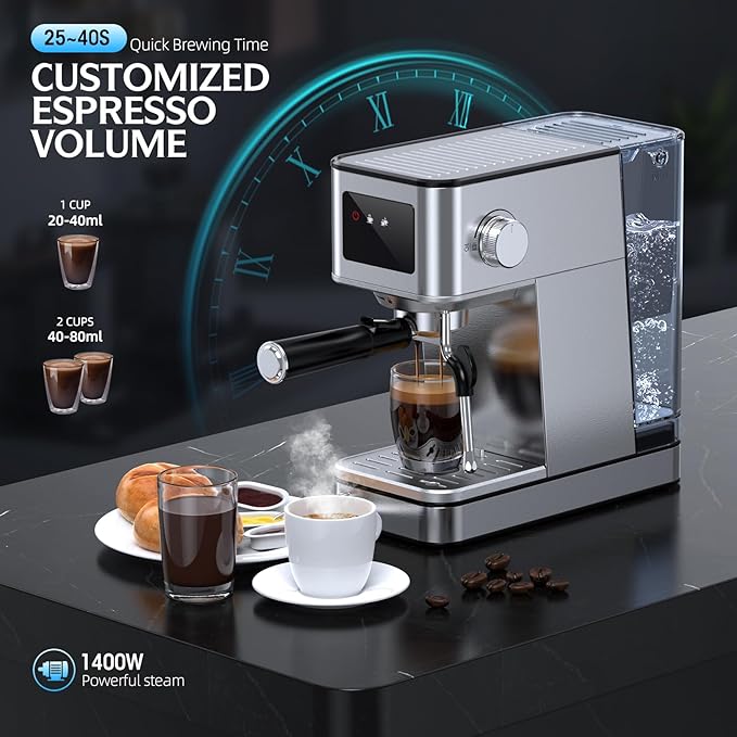 Espresso Machine with Milk Frother, 20 Bar Compact Coffee Machine with Touch Screen & 57.5oz Removable Water Tank for Home, Stainless Steel Espresso Maker for Cappuccino, Latte(2025 updated model)