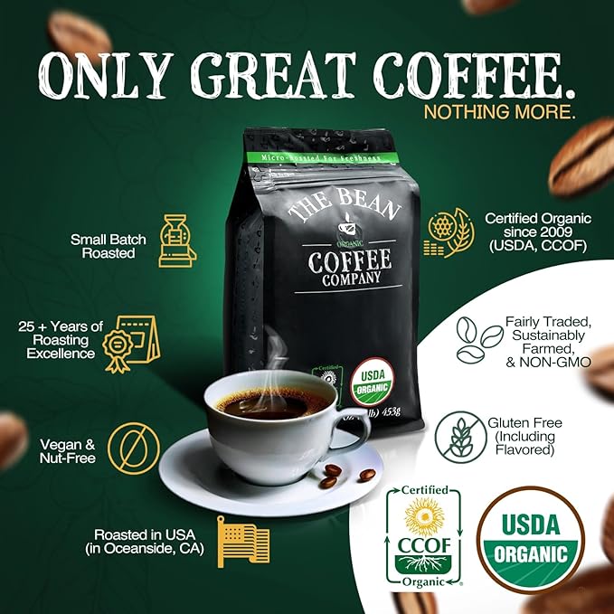 The Bean Organic Coffee Company California Blend, Medium Roast, Ground Coffee, 16-Ounce Bag,Café molido tostado organico