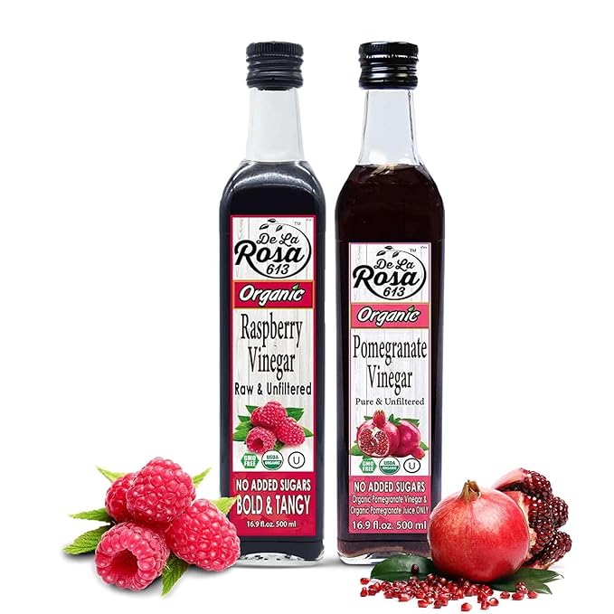 De La Rosa Organic Raspberry & Pomegranate Vinegar, Raw & Unfiltered, Vegan, Gluten Free & Kosher, Great for Organic Salad Dressing and Marinades, 100% Pure Vinegars 16.9 Oz (Pack of 2)