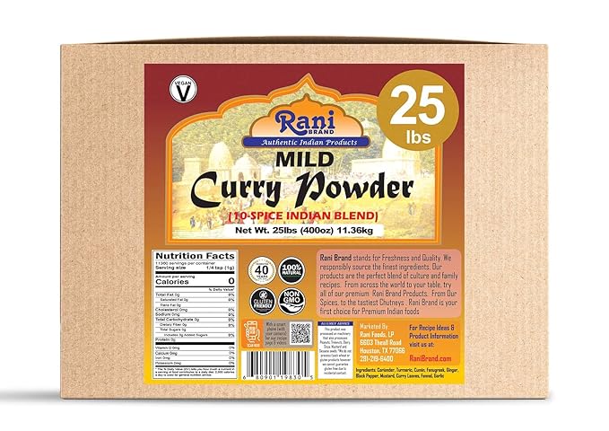 Rani Curry Powder Mild (10-Spice Authentic Indian Blend) 400oz (25lbs) 11.36kg Bulk Box ~ All Natural | Salt-Free | NO Chili or Peppers | Vegan | No Colors | Gluten Friendly | NON-GMO | Indian Origin