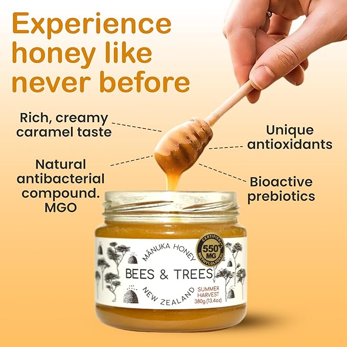 Bees & Trees Manuka Honey 550+ MGO – Pure New Zealand Raw Monofloral Honey – Unpasteurized & Natural – 380g (13.4oz) Glass Jar – Perfect for Coffee, Tea & Daily Wellness