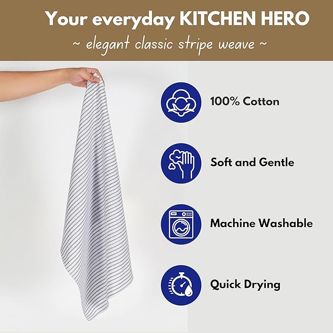 Native Fab 4 Pack Farmhouse Stripe Kitchen Dish Towels Cotton Super Absorbent Quick Drying Reusable 18x26 Inches - Bar Hand Towels, Kitchen Cleaning Towels with Hanging Loop, Milenna Blue